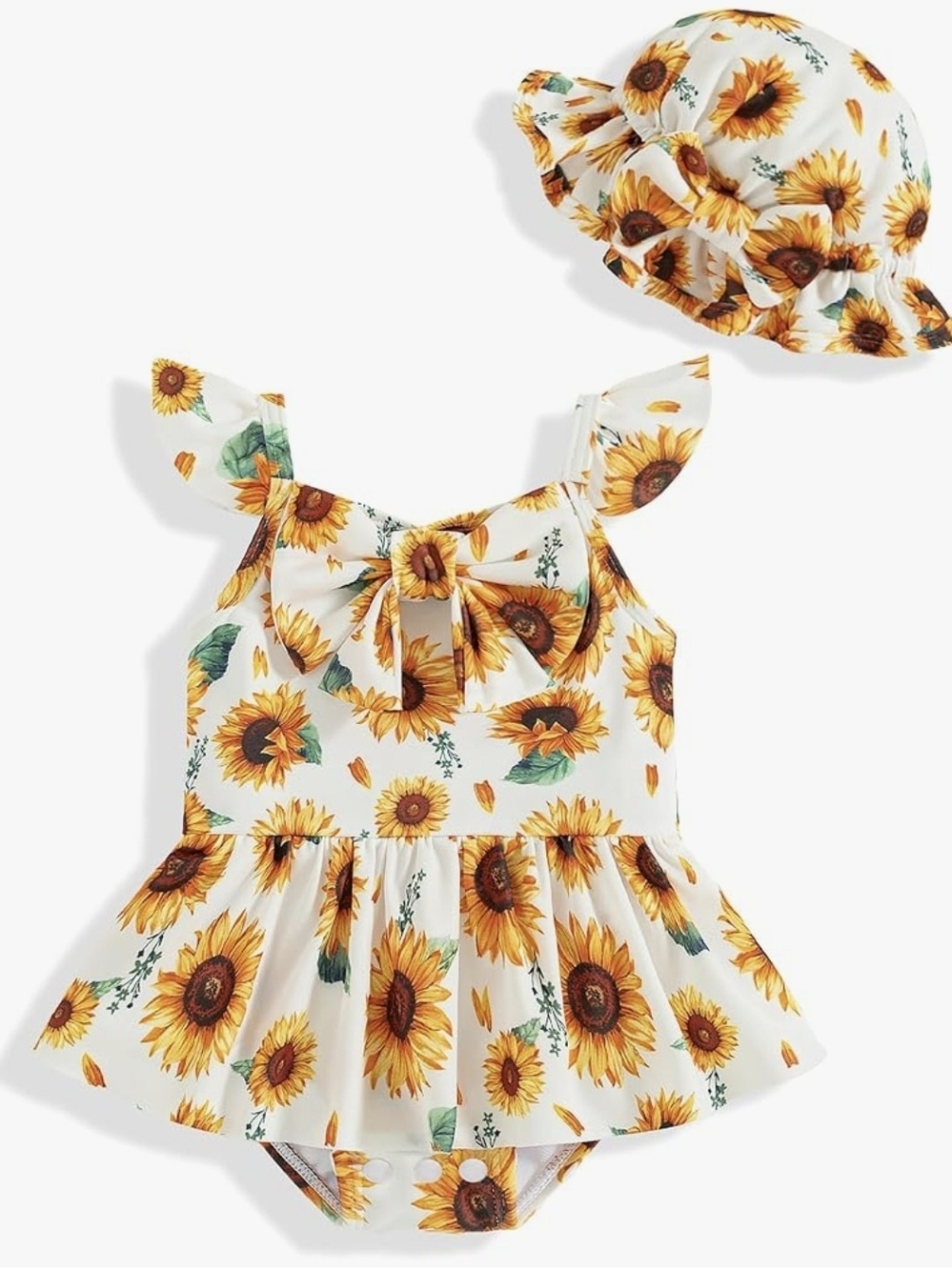 Baby Girls Sunflower Ruffle One-Piece Swimdress with Hat - White/Yellow
